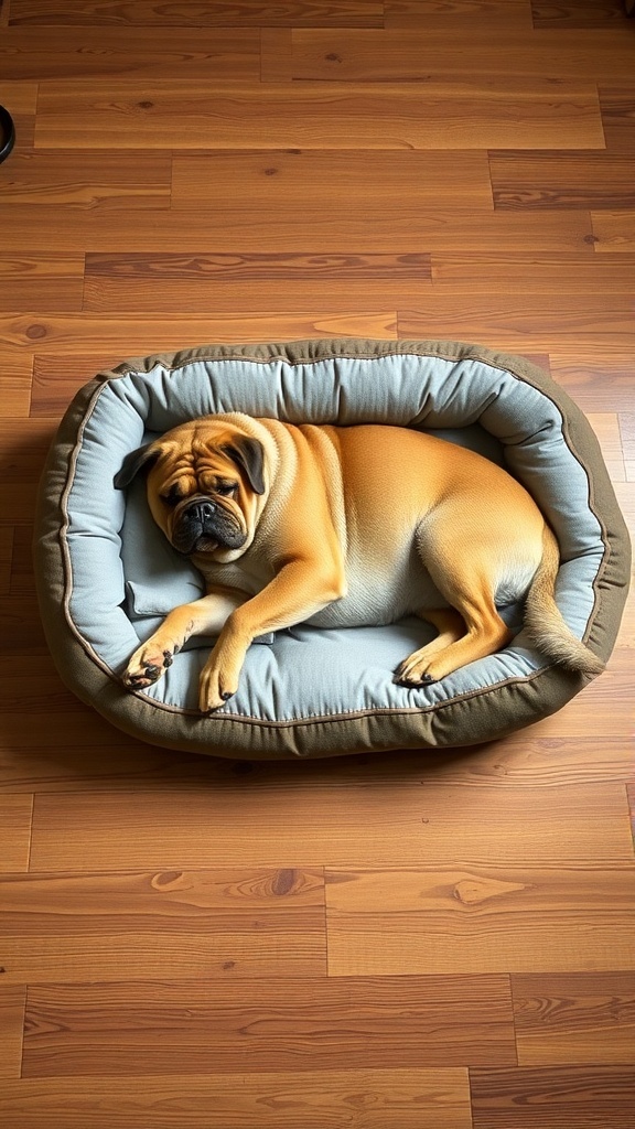 A large, cozy dog bed with a dog lying comfortably inside.