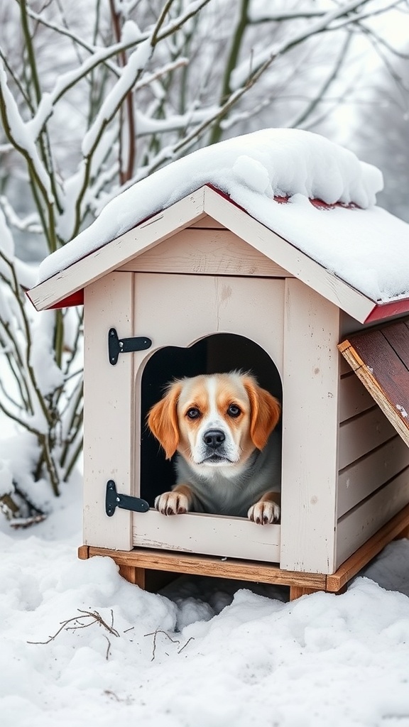 A dog looking out from a winter dog house with a flap door, surrounded by snow.