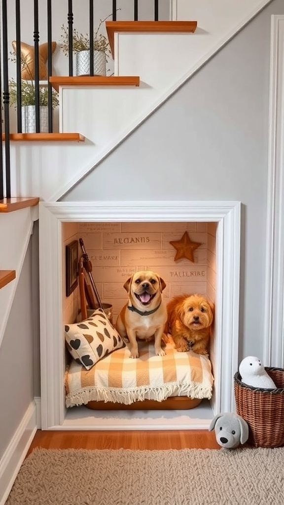 Two dogs relaxing in a cozy under-stairs nook with a blanket and decorative elements.