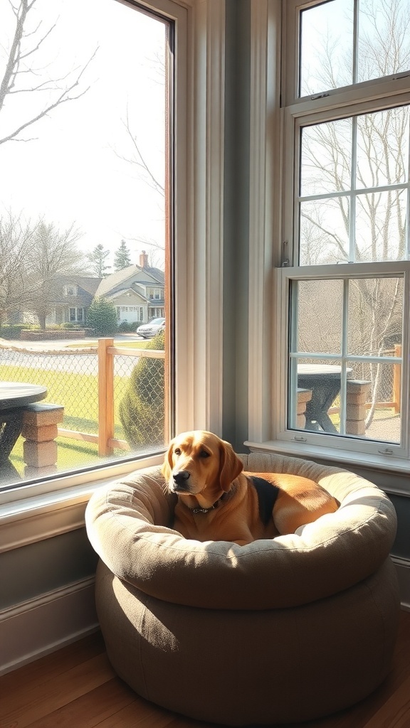 A dog relaxing in a cozy bed by the window, enjoying the sunlight and view outside.