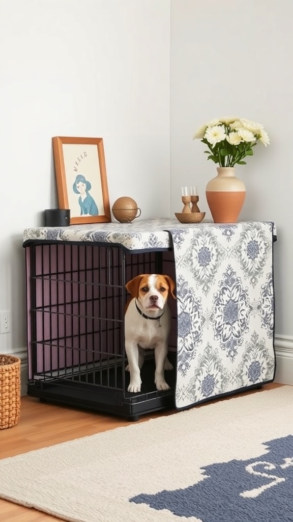A stylish dog crate with a decorative cover, featuring a dog inside and decorative items on top.