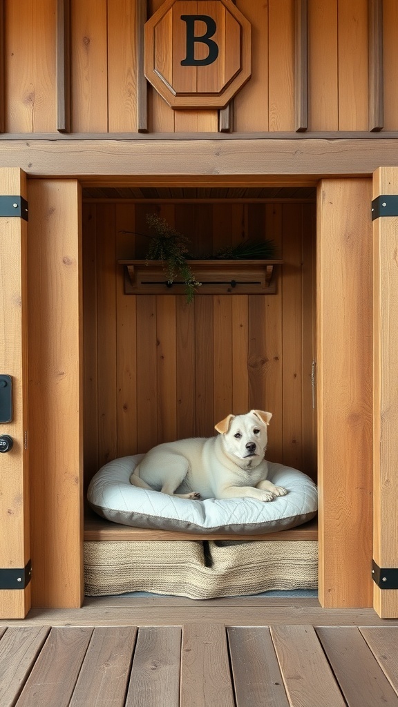 A cozy dog nook made of wood with a soft bed and a shelf, featuring a letter 'B' on the wall.