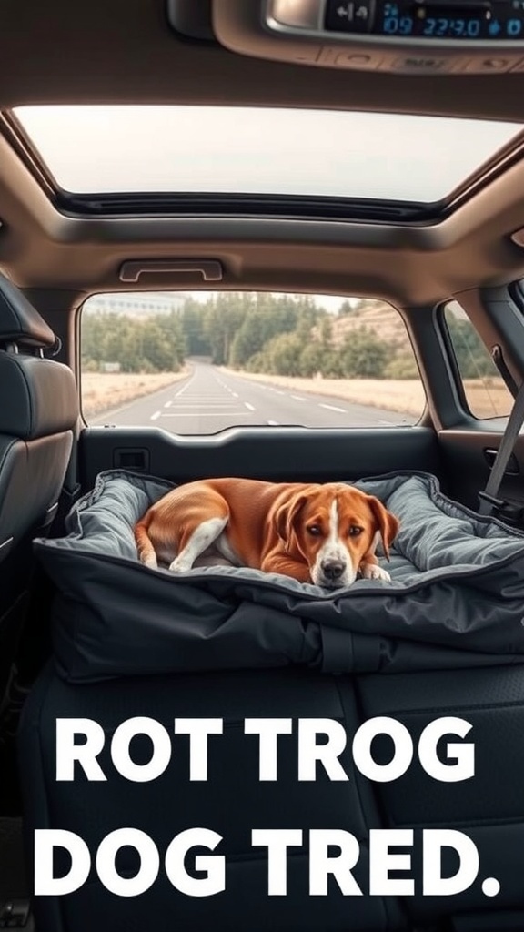 A dog resting on a cozy bed in the back of a car, with an open road visible through the front windshield.