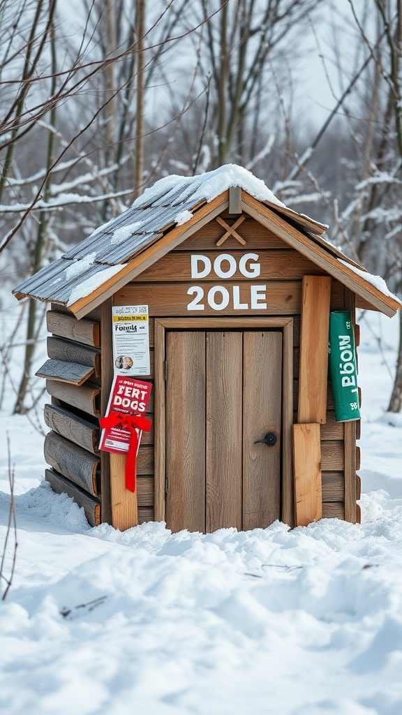 A cozy dog house made from recycled wood, surrounded by snow and trees.