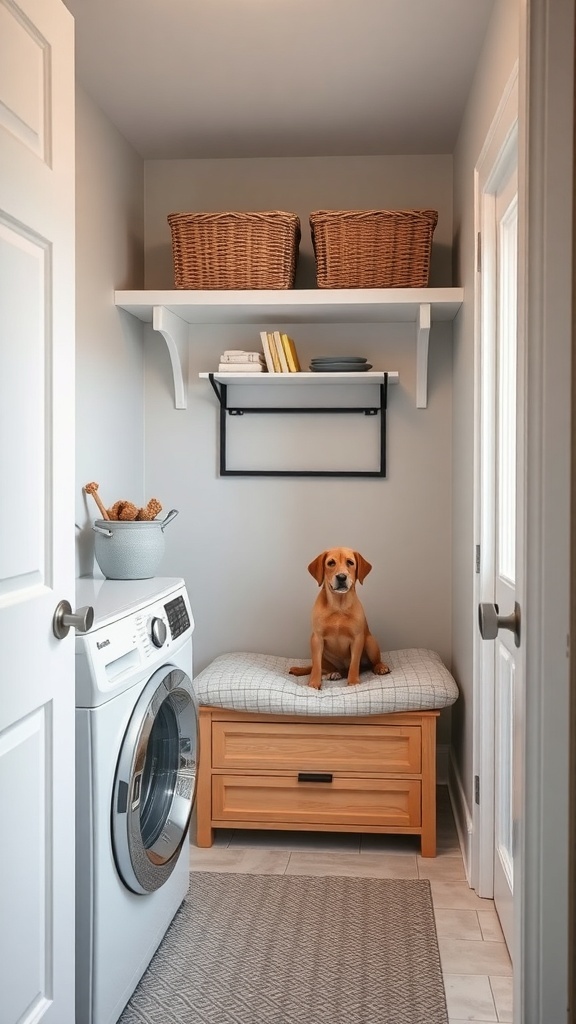 A cozy laundry room with a dog sitting on a bed on a wooden bench, next to a washing machine and storage baskets.