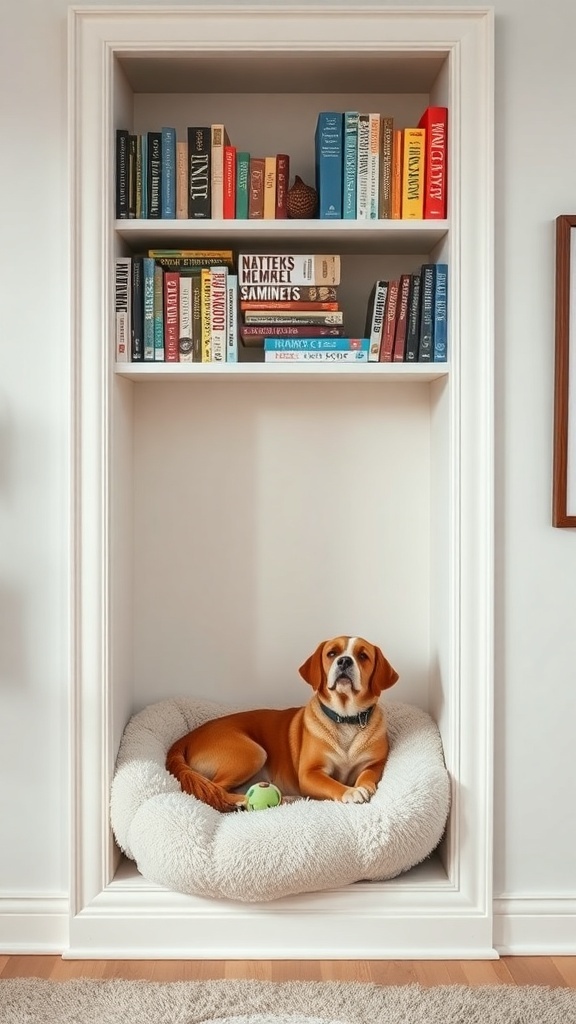 A dog resting in a cozy bed inside a built-in bookshelf, surrounded by books.