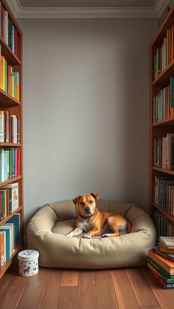 A cozy reading nook with a dog bed and bookshelves filled with colorful books.