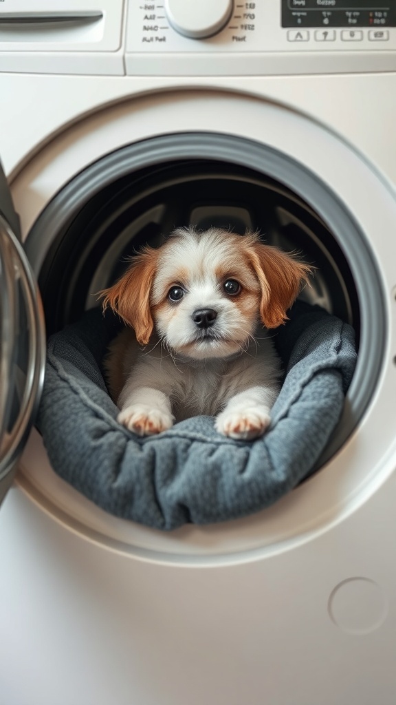 A puppy sitting in a dog bed inside a washing machine, showcasing the convenience of washable dog beds.