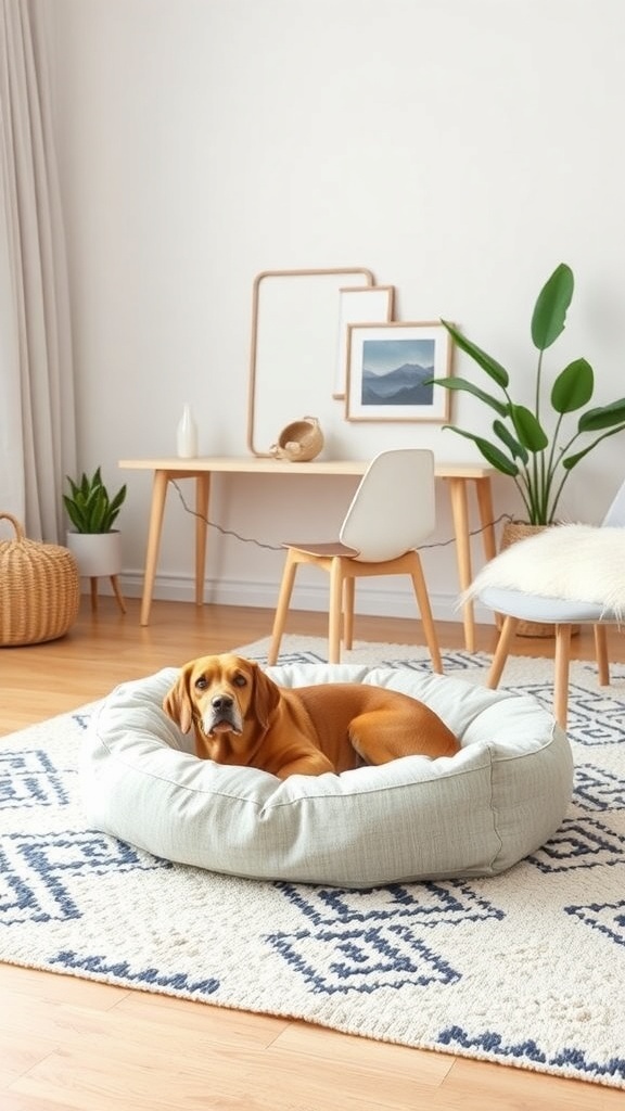 A dog resting in a stylish dog bed in a modern living room setting.