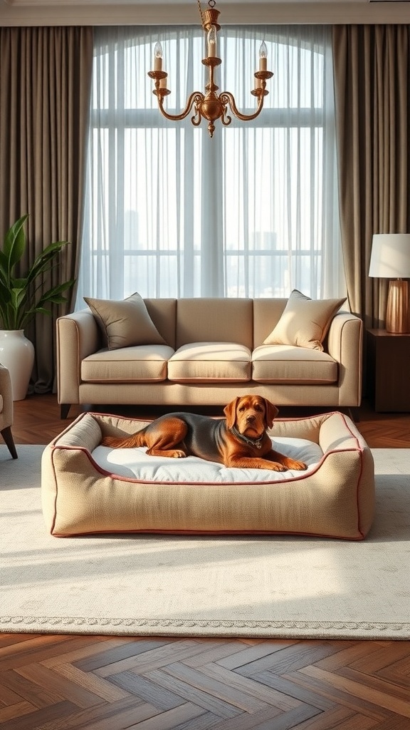 A stylish dog bed in a cozy living room with a dog resting on it.
