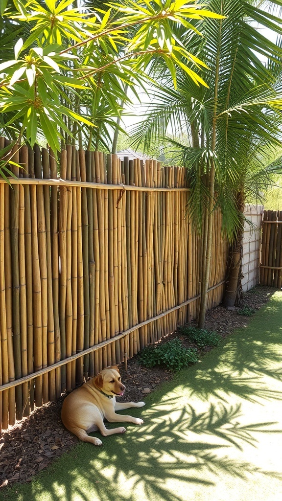 A bamboo fence with a dog resting beside it, surrounded by green plants.