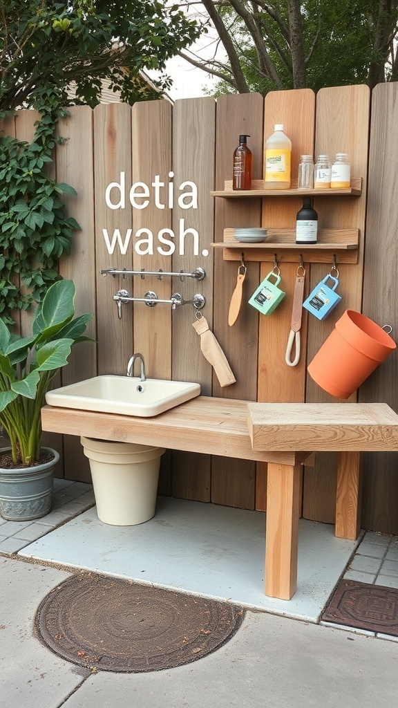 A dog washing station featuring a sink, wooden bench, and storage for cleaning supplies, surrounded by plants.