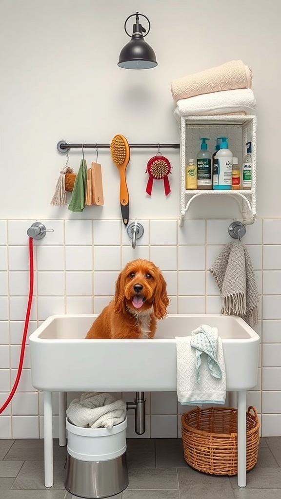 A dog washing station in a laundry room with organized storage for grooming supplies.