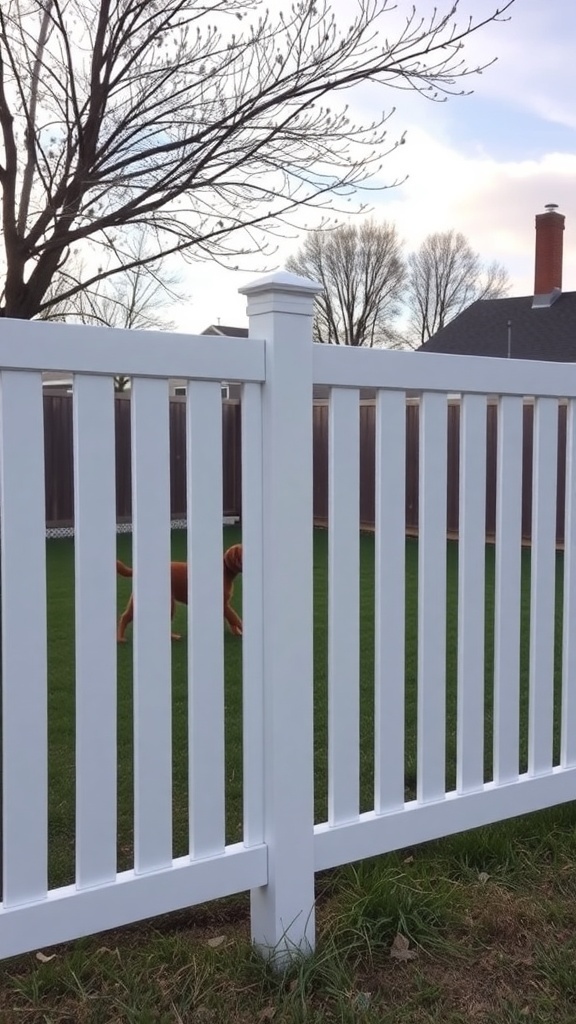 A vinyl fence enclosing a grassy yard with a dog walking inside.