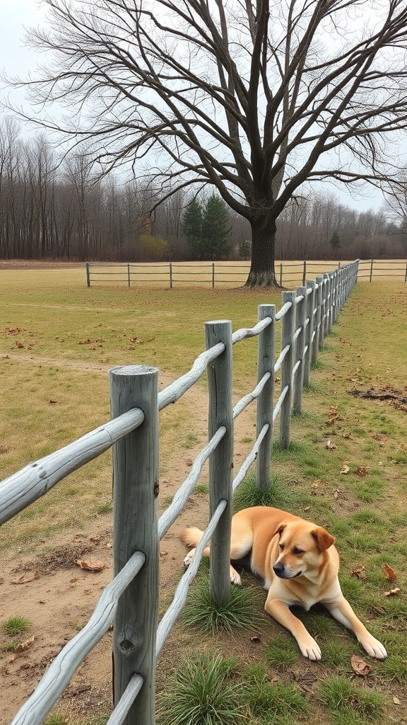 A split rail fence with a dog lying beside it in a grassy field.