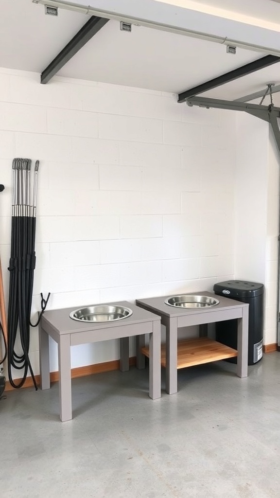 Feeding station for dogs with two tables and stainless steel bowls in a garage