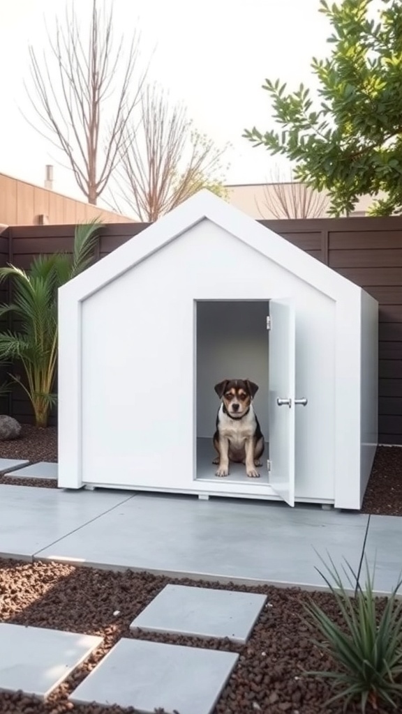 A modern minimalist dog house with a dog sitting at the entrance, surrounded by a landscaped garden.