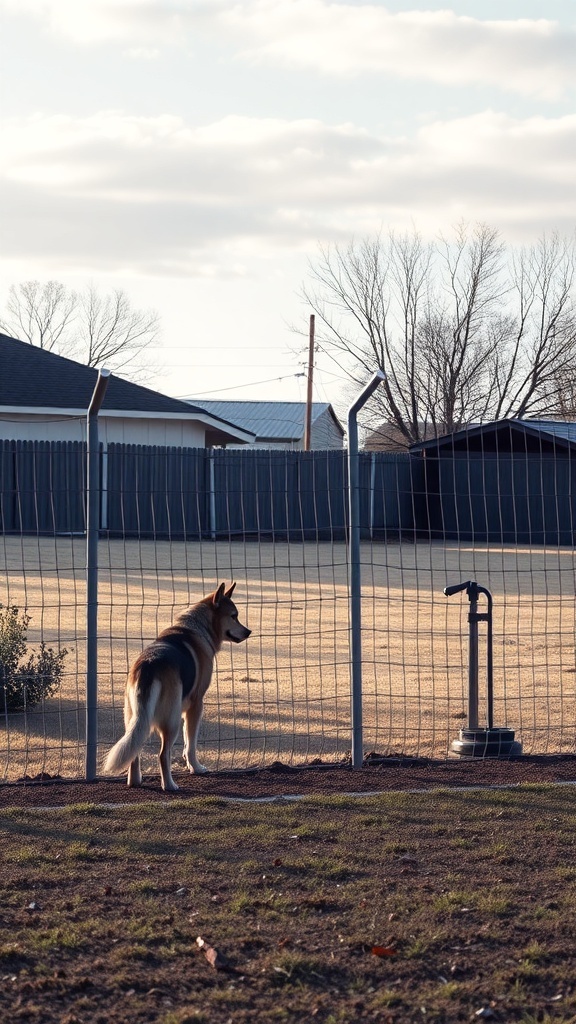 A large dog standing by a fence, looking out into the yard.
