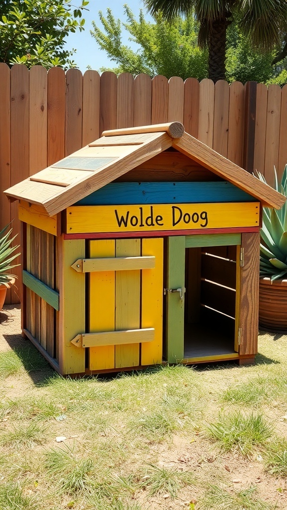 Colorful DIY pallet dog house with the name 'Wolde Doog' on it