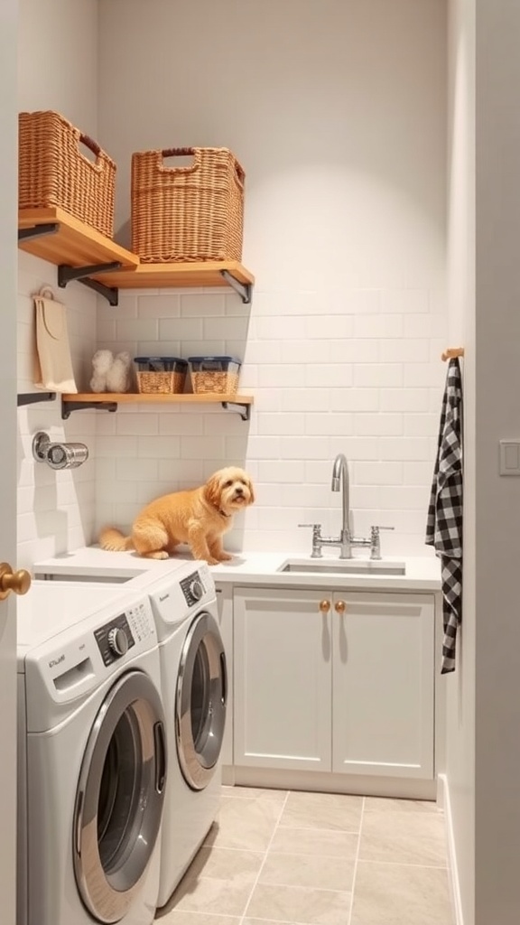 A small laundry room with a dog washing station, featuring a sink, washing machines, and open shelving with baskets.