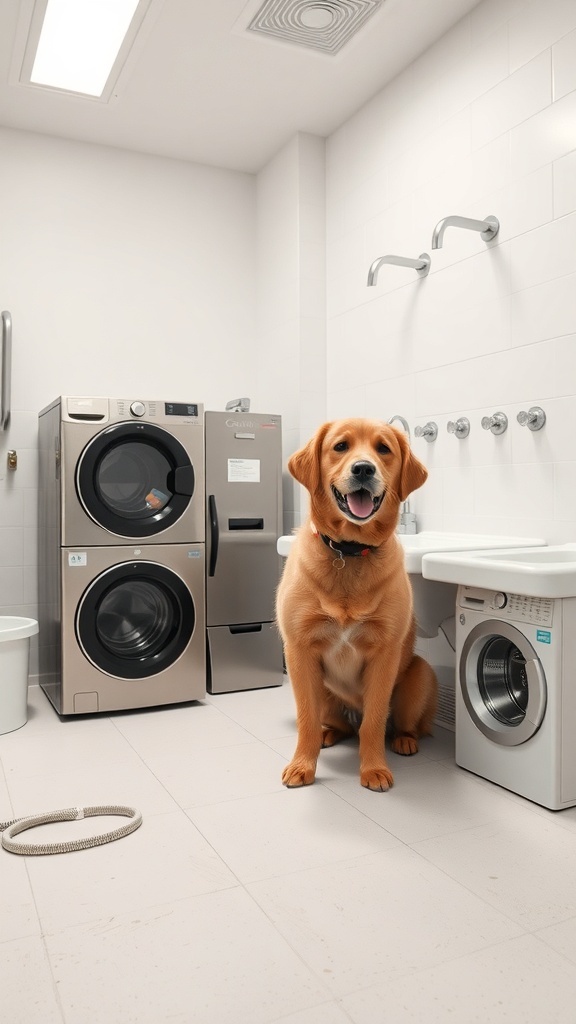 A cheerful dog sitting in a laundry room with washing machines and a dog washing station.