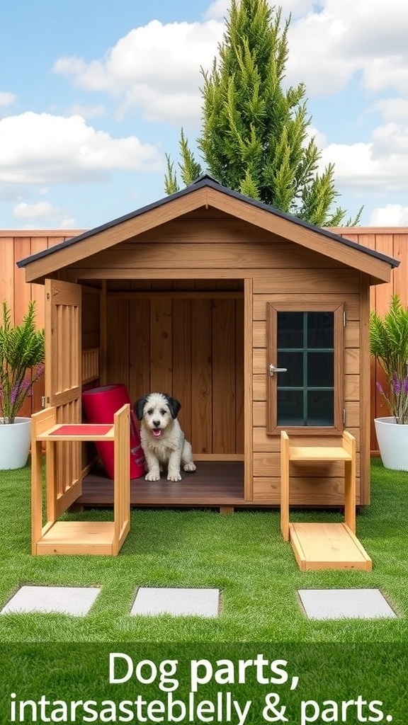 A customizable modular dog house with a wooden finish, steps, and a cozy interior, set in a green lawn.