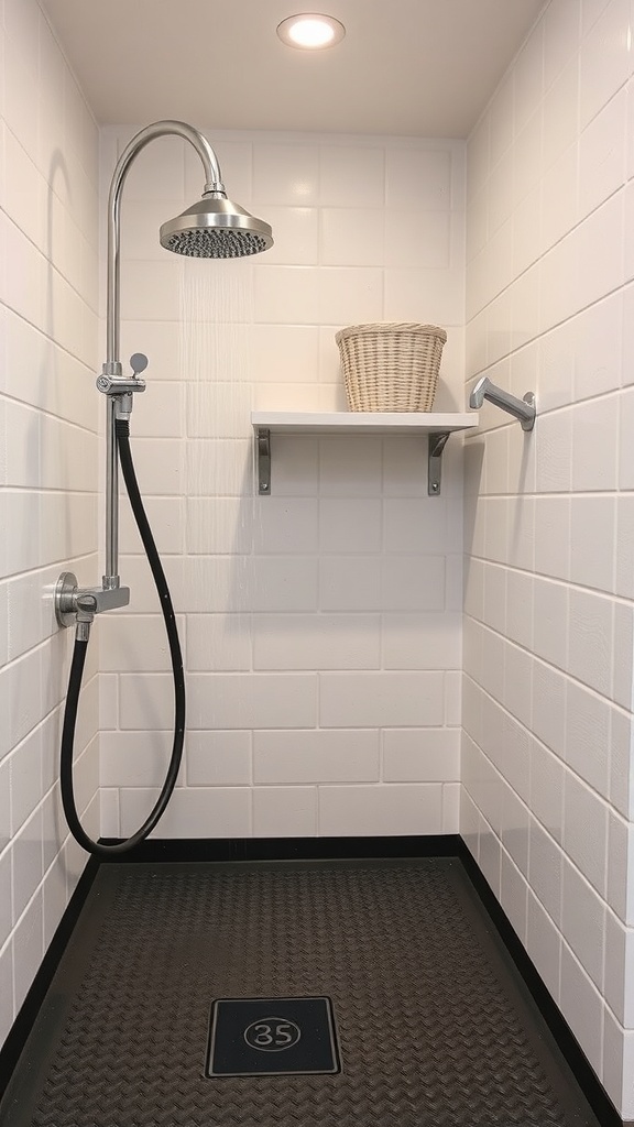A dog washing station in a laundry room featuring a handheld showerhead, a shelf for storage, and non-slip flooring.