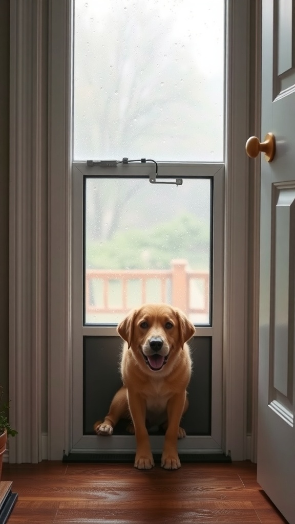 A happy dog sitting at a weatherproof dog door, ready to go outside.