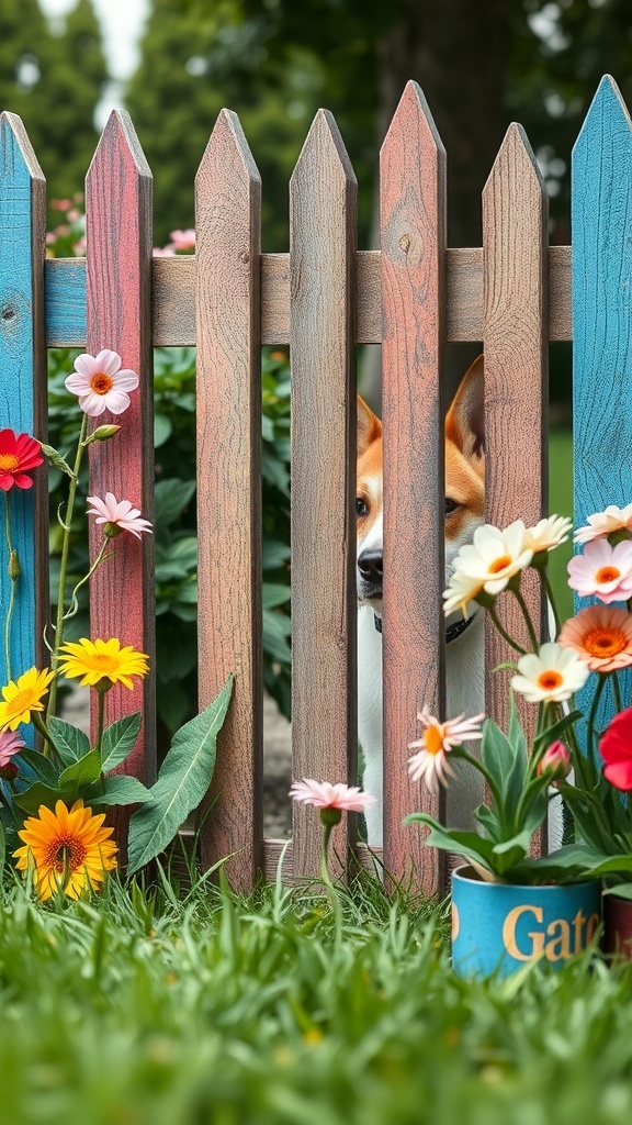 Colorful wooden fence with flowers and a dog peeking through