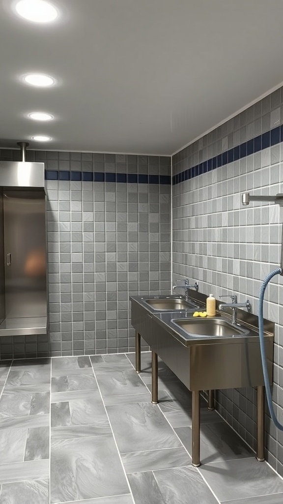 A modern dog washing station with stainless steel sinks and tiled walls and floor.