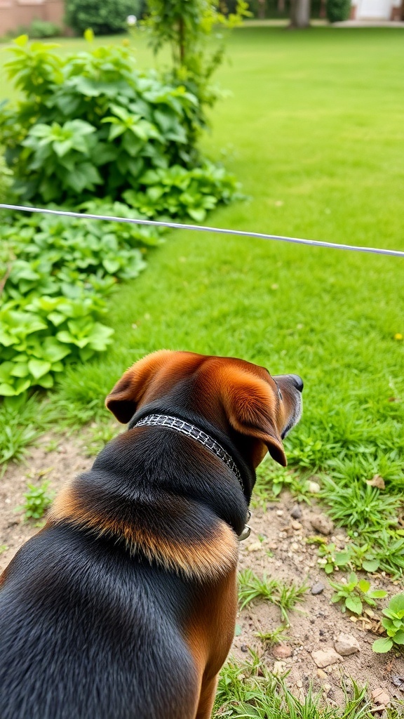 A dog looking towards a green yard, indicating awareness of its invisible boundary.