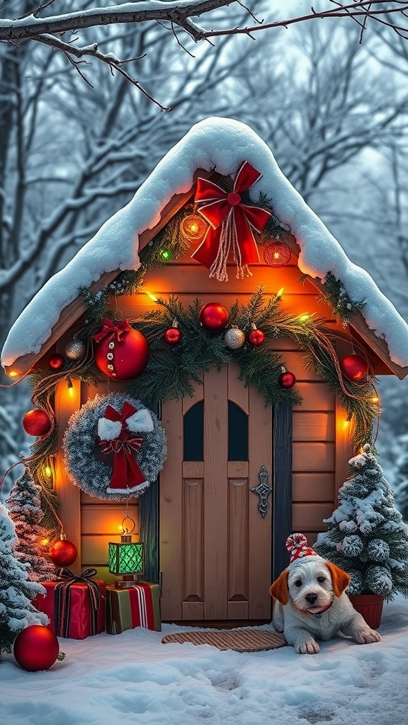A festive dog house decorated for the holidays with lights, ornaments, and a small dog sitting in front.