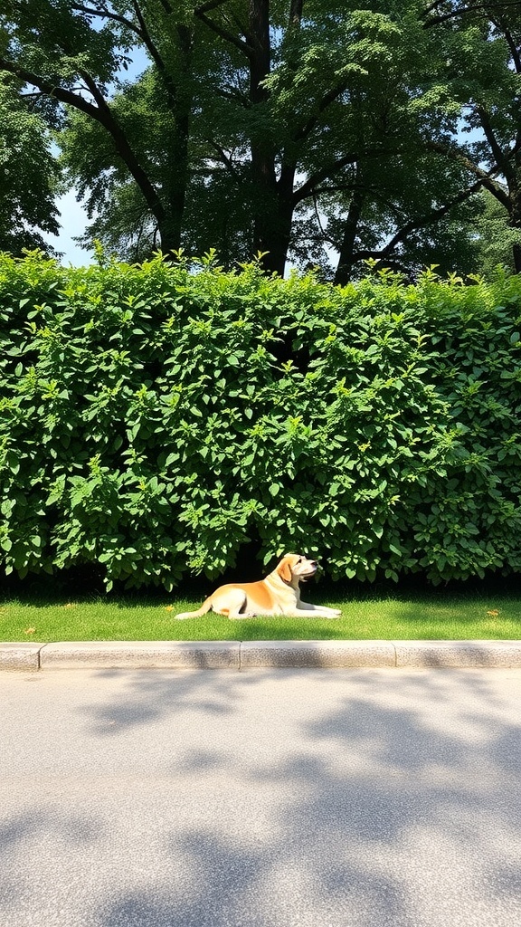 A dog lying on the grass in front of a lush green hedge, with trees in the background.