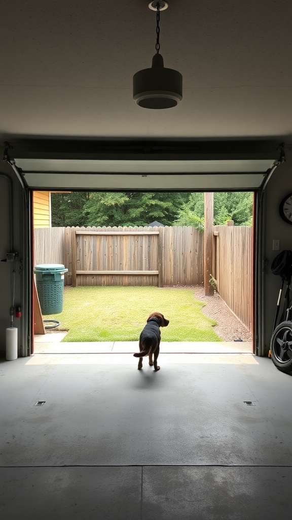 A dog looking out from an open garage door into a fenced yard.