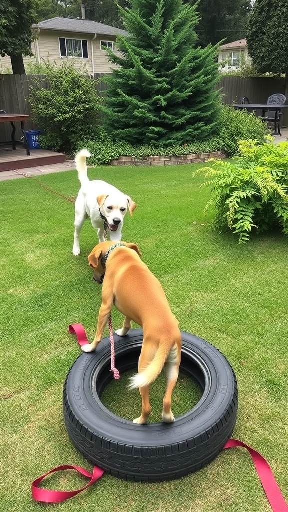 Two dogs playing around a tire in a backyard