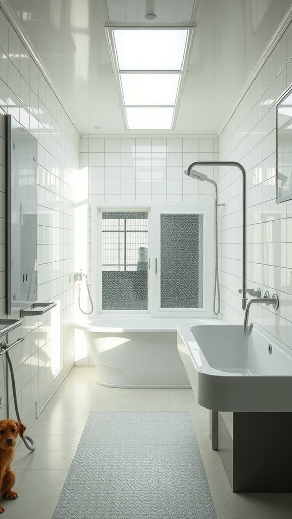 Bright laundry room with a dog washing station, featuring natural light and modern fixtures.