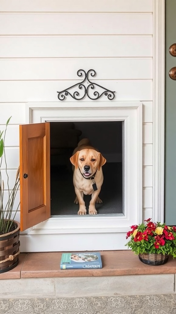 A yellow dog looking out from a custom built-in dog door with a wooden frame, surrounded by potted plants and a book on the ground.