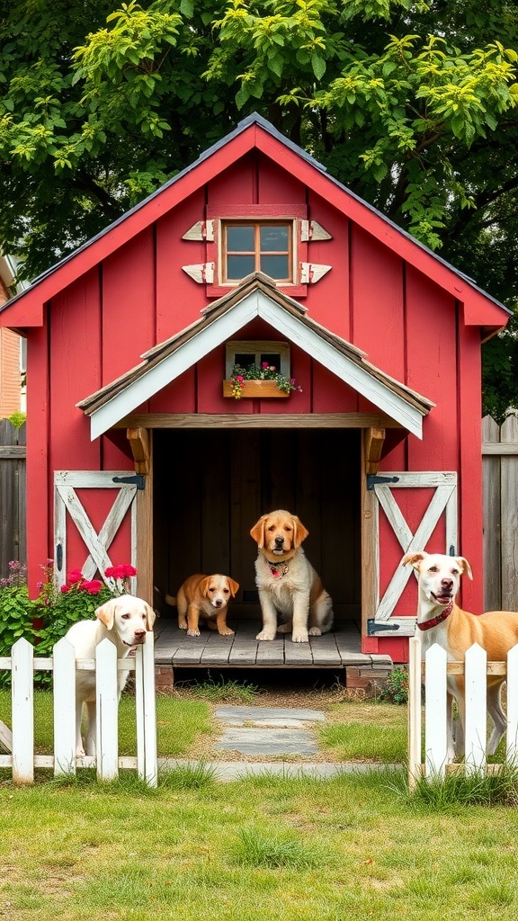 A charming red farmhouse dog house with four dogs outside, surrounded by greenery and a white picket fence.