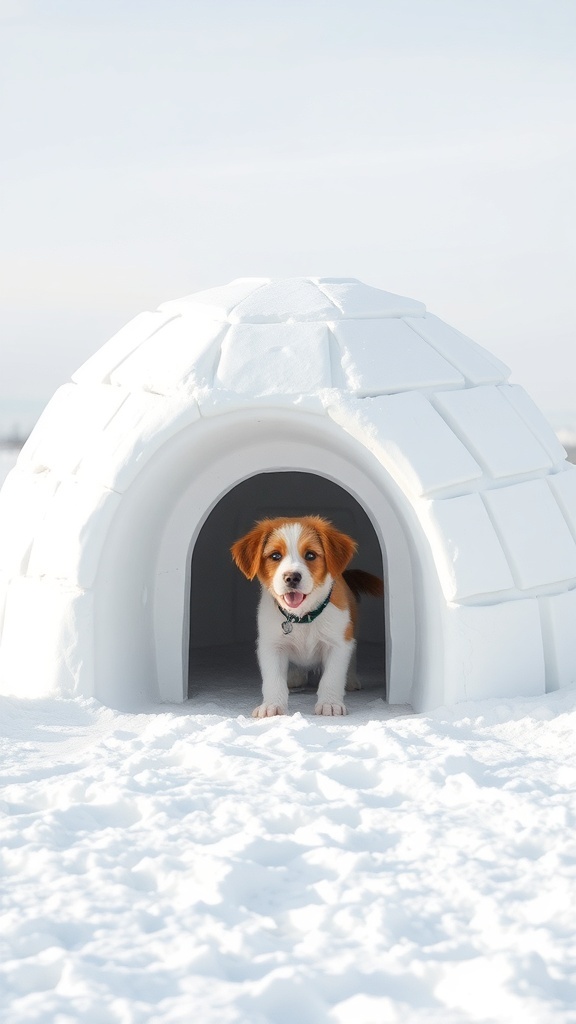 A dog standing in front of an igloo-style dog house in the snow.
