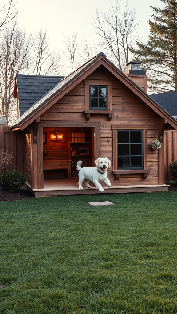 A luxury wooden dog house with an outdoor run, featuring a happy dog running out.