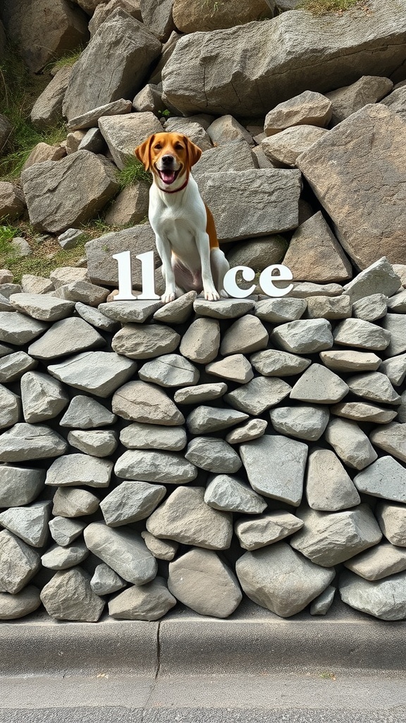 A happy dog standing on a rock wall, surrounded by large stones.