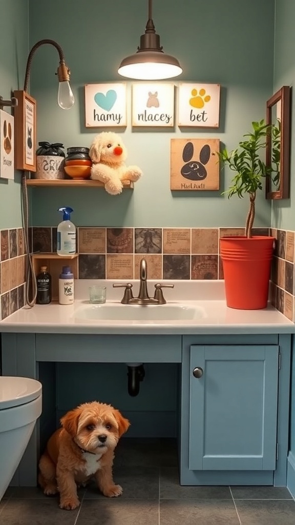 A cozy dog washing station in a laundry room with light blue cabinetry, playful decor, and a small dog sitting nearby.