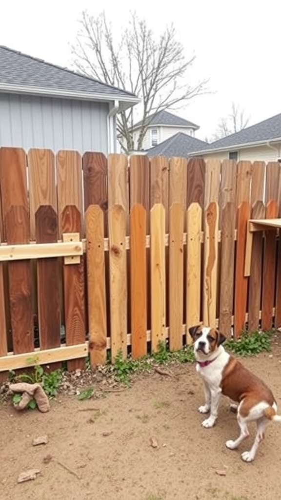 A wooden dog fence with varying colors and a dog standing beside it.