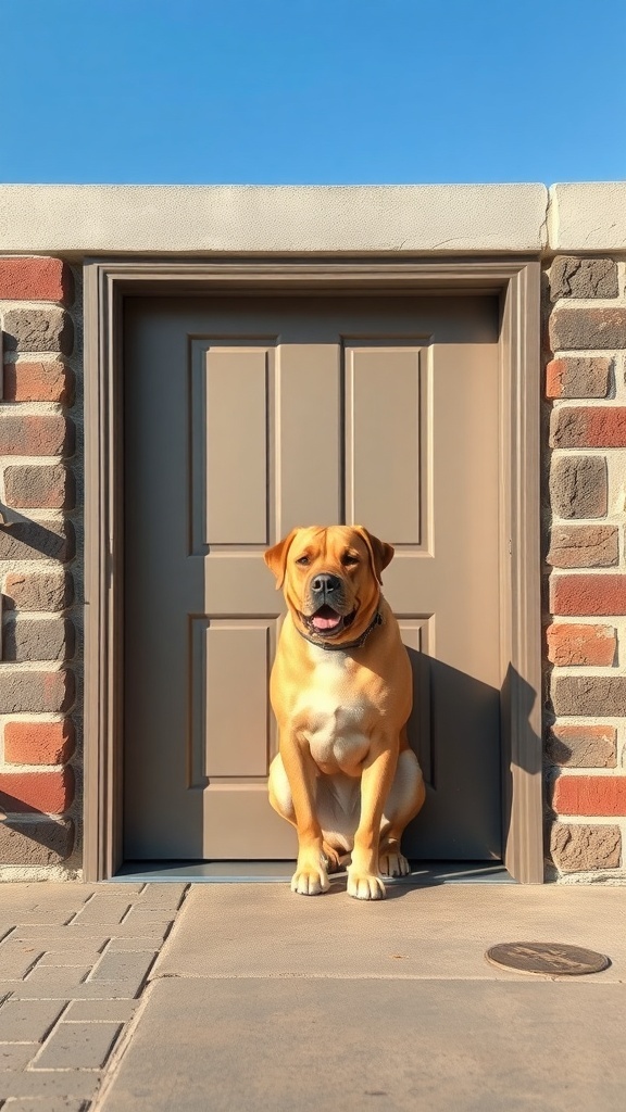 A large dog sitting in front of a sturdy dog door, designed for big breeds, set against a brick wall.