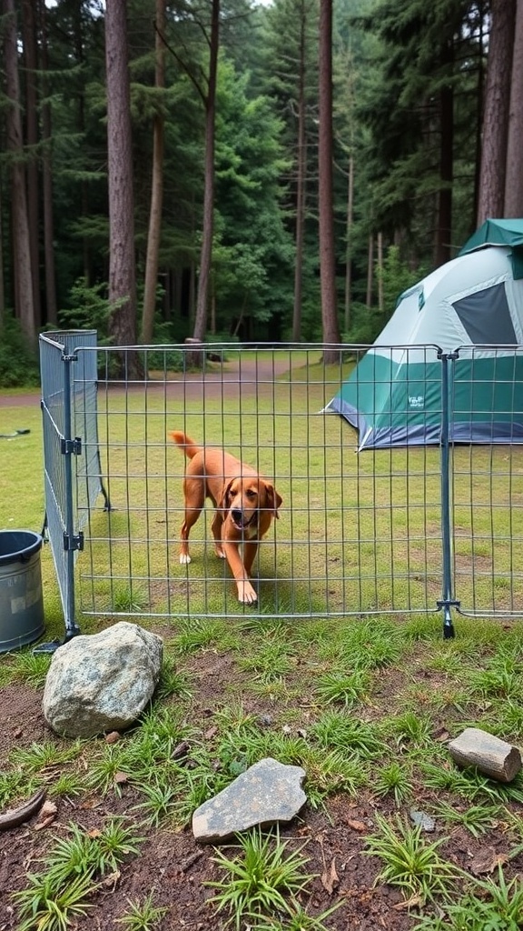 A dog inside a portable fence at a campsite, surrounded by trees and a tent.