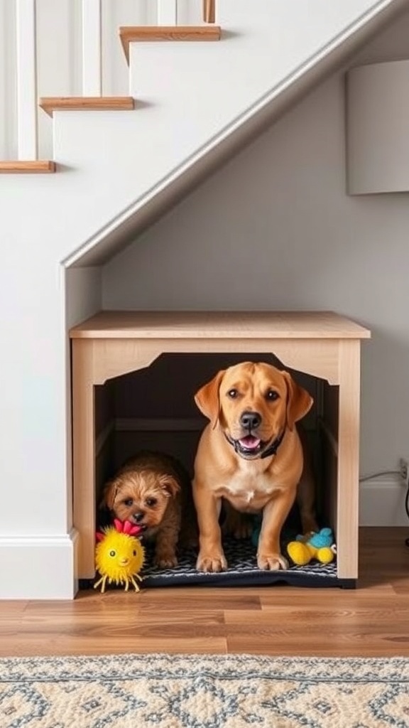 Two dogs sitting inside a cozy under-the-stairs dog house with toys
