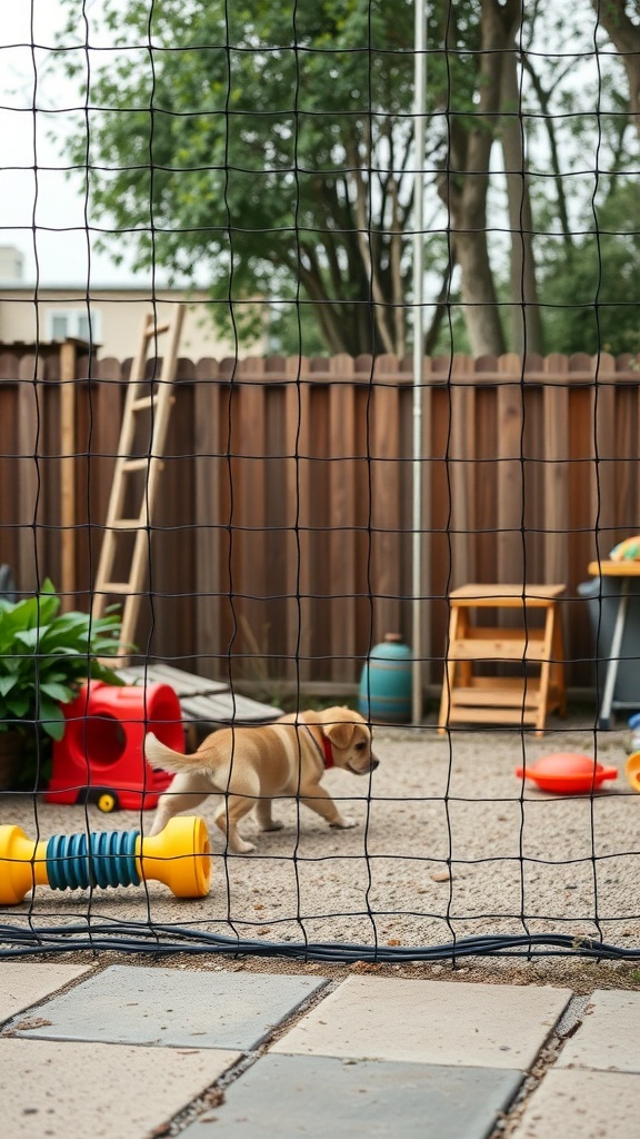 A playful puppy walking near a mesh fence in a backyard