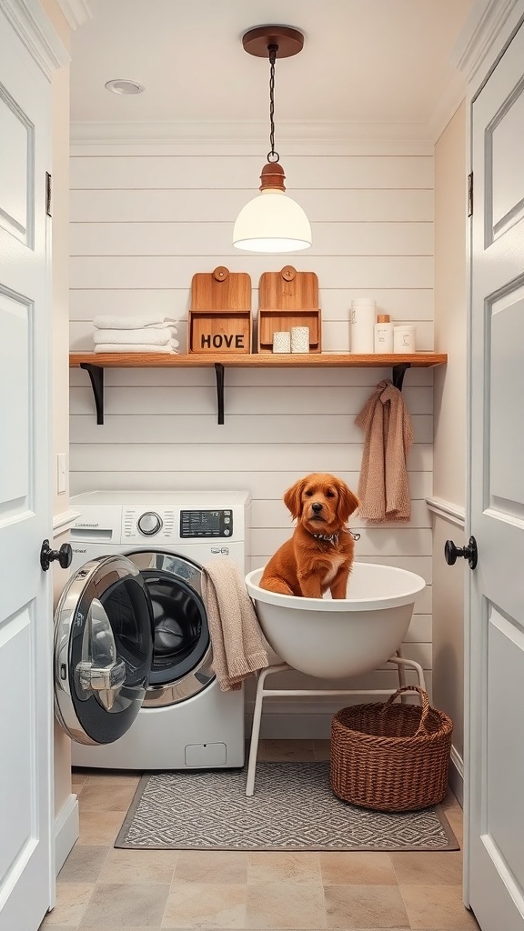 A stylish laundry room featuring a dog washing station with a golden retriever in a basin.