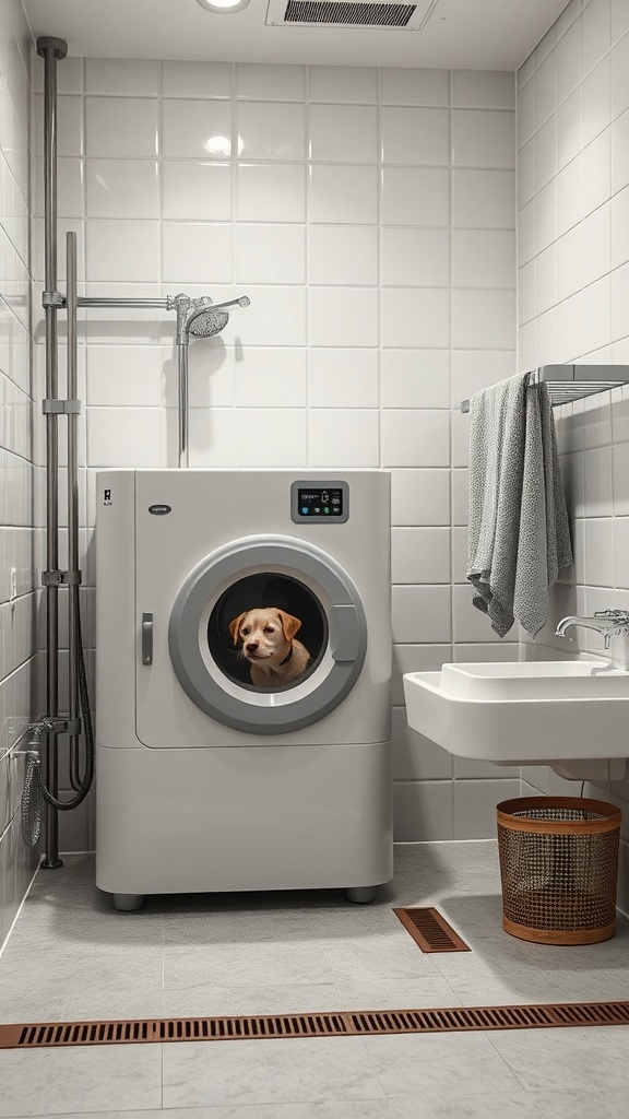A laundry room featuring a washing machine with a dog inside, a showerhead, and a sink.