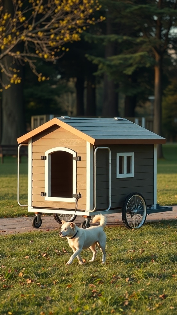 A portable dog house on wheels in a park setting with a dog nearby.